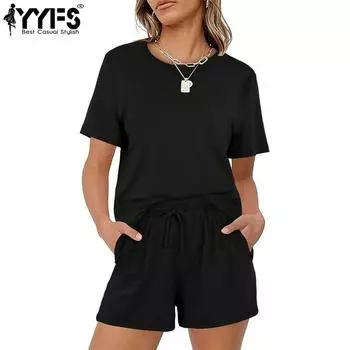 YYFS Женская мода Повседневный Лето Весна Однотонный Принт Короткий Рукав О-Образным Вырезом Брюки Костюмы S чёрный