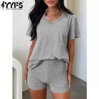 YYFS Женская мода Повседневный Лето Весна Однотонный Принт Короткий Рукав V-образный Вырез Брюки Костюмы XS серый