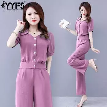 YYFS Женская мода Повседневный Лето Весна Однотонный Принт Короткий Рукав Поло Воротник Брюки Костюмы M розовый
