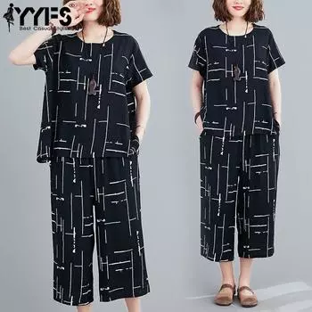 YYFS Женская мода Повседневный Лето Весна Полосатый Принт Короткий Рукав О-Образным Вырезом Брюки Костюмы M