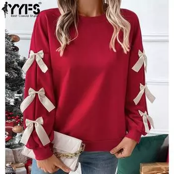 YYFS Женская мода Повседневный однотонный принт Осень Зима Длинные рукава О-образный вырез Пуловеры и длинные рукава S красный