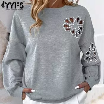 YYFS Женская мода Повседневный однотонный принт Осень Зима Длинные рукава О-образный вырез Пуловеры и длинные рукава S серый