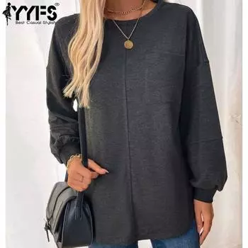 YYFS Женская мода Повседневный однотонный принт Осень Зима Длинные рукава О-образный вырез Пуловеры и длинные рукава S темно-серого