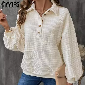 YYFS Женская мода Повседневный однотонный принт Осень Зима Длинный рукав Поло Воротник Пуловеры и длинные рукава S