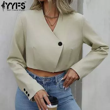 YYFS Женская мода Повседневный однотонный принт Осень Зима Длинные рукава V-образный вырез Куртки и пальто S абрикосовый