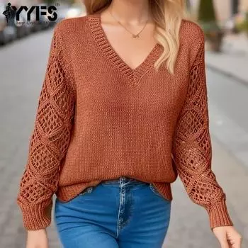 YYFS Женская мода Повседневный однотонный принт Осень Зима Длинные рукава V-образный вырез свитера S чёрный