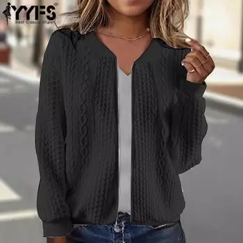 YYFS Женская мода Повседневный однотонный принт Осень Зима Длинные рукава V-образный вырез Куртки и пальто S чёрный