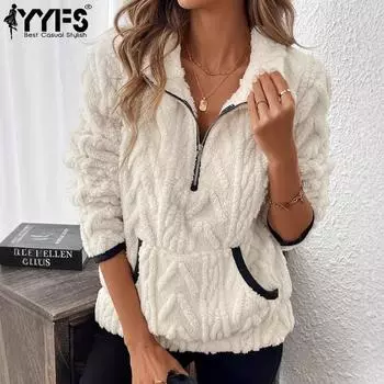 YYFS Женская мода Повседневный однотонный принт Осень Зима Длинный рукав Поло Воротник Пуловеры и длинные рукава S белый