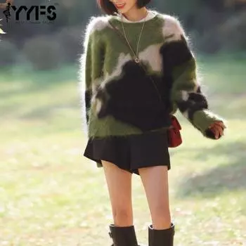 YYFS Женская мода Повседневный Осень Зима Цвет Блок Принт Длинный рукав О-образный вырез свитера One Size