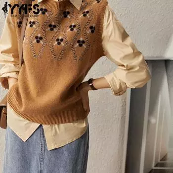 YYFS Женская мода Повседневный Осень Зима Цветочный Узор С Принтом Без Рукавов O-образный Вырез Свитера Size: One Size верблюд