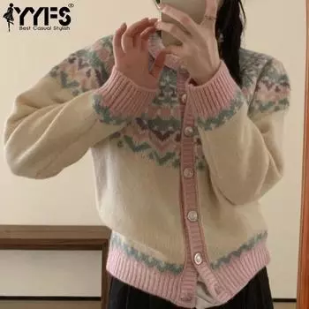 YYFS Женская мода Повседневный Осень Зима Цветочный узор Принт Длинный рукав О-образный вырез свитера Size: One Size