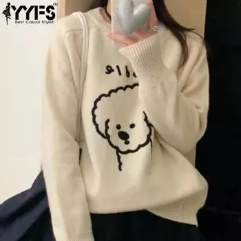 YYFS Женская мода Повседневный Осень Зима Длинный рукав О-образный вырез свитера One size белый