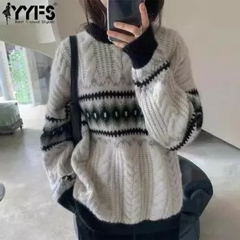 YYFS Женская мода Повседневный Осень Зима Длинный рукав О-образный вырез свитера Size: One Size темно-серого