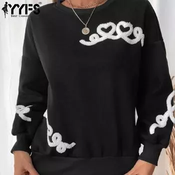 YYFS Женская мода Повседневный Осень Зима Love Letter Print Длинные рукава O-образный вырез свитера S чёрный