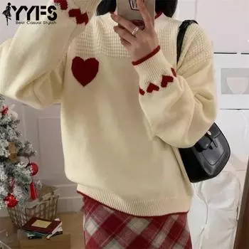 YYFS Женская мода Повседневный Осень Зима Love Letter Print Длинные рукава O-образный вырез свитера One size бежевый