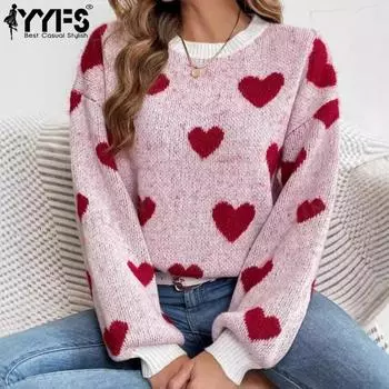 YYFS Женская мода Повседневный Осень Зима Love Letter Print Длинные рукава O-образный вырез свитера S красный