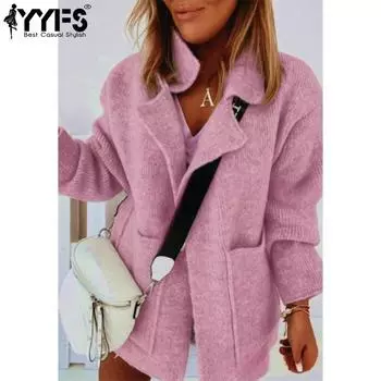 YYFS Женская мода Повседневный Осень Зима Однотонный Принт Длинный Рукав Поло Воротник Свитера S розовый