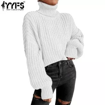 YYFS Женская мода Повседневный Осень Зима Однотонный Принт Длинный Рукав Высокий Воротник Свитера S белый
