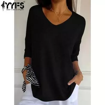 YYFS Женская мода Повседневный Осень Зима Однотонный Принт Длинный Рукав V-образный Вырез Свитера S чёрный