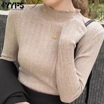 YYFS Женская мода Повседневный Осень Зима Однотонный Принт Длинный Рукав Полуводолазка Свитера One Size белый