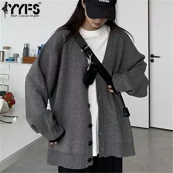 YYFS Женская мода Повседневный Осень Зима Однотонный Принт Длинный Рукав V-образный Вырез Свитера Size: One Size серый