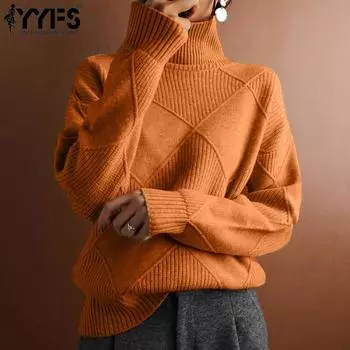 YYFS Женская мода Повседневный Осень Зима Однотонный Принт Длинный Рукав Высокий Воротник Свитера S оранжевый