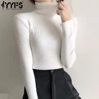 YYFS Женская мода Повседневный Осень Зима Однотонный Принт Длинный Рукав Высокий Воротник Свитера One Size белый
