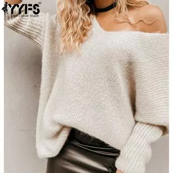 YYFS Женская мода Повседневный Осень Зима Однотонный Принт Длинный Рукав V-образный Вырез Свитера S