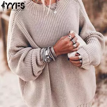 YYFS Женская мода Повседневный Осень Зима Однотонный Принт Длинный Рукав О-Образным Вырезом Свитера S хаки