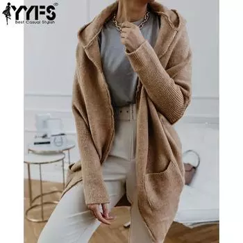 YYFS Женская мода Повседневный Осень Зима Однотонный Принт Длинный Рукав С Капюшоном Свитеры S хаки