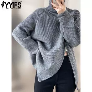 YYFS Женская мода Повседневный Осень Зима Однотонный Принт Длинный Рукав Высокий Воротник Свитера One Size