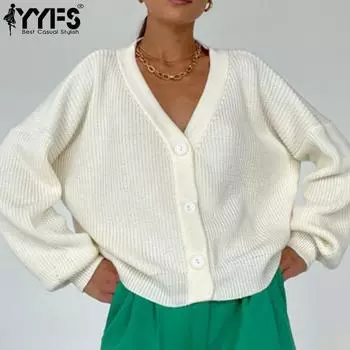 YYFS Женская мода Повседневный Осень Зима Однотонный Принт Длинный Рукав V-образный Вырез Свитера Size: One Size белый