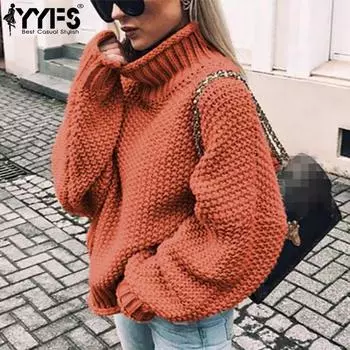 YYFS Женская мода Повседневный Осень Зима Однотонный Принт Длинный Рукав Высокий Воротник Свободные Свитера S белый
