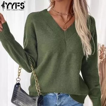 YYFS Женская мода Повседневный Осень Зима Однотонный Принт Длинный Рукав V-образный Вырез Свитера S армия зеленый