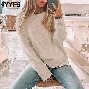 YYFS Женская мода Повседневный Осень Зима Однотонный Принт Длинный Рукав O-образный Вырез Свитера S легкие хаки