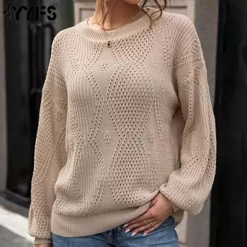 YYFS Женская мода Повседневный Осень Зима Однотонный Принт Длинный Рукав O-образный Вырез Свитера S хаки