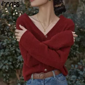 YYFS Женская мода Повседневный Осень Зима Однотонный Принт Длинный Рукав V-образный Вырез Свитера One size красный
