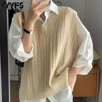 YYFS Женская мода Повседневный Осень Зима Однотонный принт Без рукавов V-образный вырез свитера Size: One Size абрикосовый