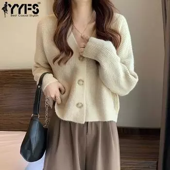 YYFS Женская мода Повседневный Осень Зима Однотонный Принт Длинный Рукав V-образный Вырез Свитера One size бежевый