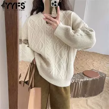 YYFS Женская мода Повседневный Осень Зима Однотонный Принт Длинный Рукав О-Образным Вырезом Свитера One size бежевый