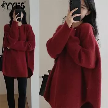 YYFS Женская мода Повседневный Осень Зима Однотонный Принт Длинный Рукав О-Образным Вырезом Свитера One size красный