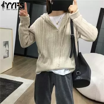 YYFS Женская мода Повседневный Осень Зима Однотонный Принт Длинный Рукав С Капюшоном Свитеры Size: One Size серый