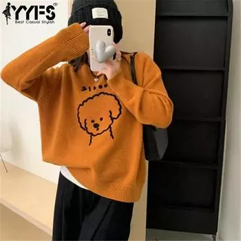 YYFS Женская мода Повседневный Осень Зима Однотонный Принт Длинный Рукав О-Образным Вырезом Свитера Size: One Size оранжевый
