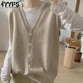 YYFS Женская мода Повседневный Осень Зима Однотонный принт Без рукавов V-образный вырез свитера One size