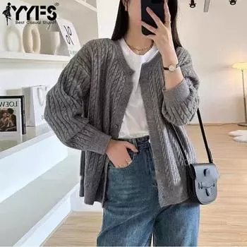 YYFS Женская мода Повседневный Осень Зима Однотонный Принт Длинный Рукав О-Образным Вырезом Свитера Size: One Size серый