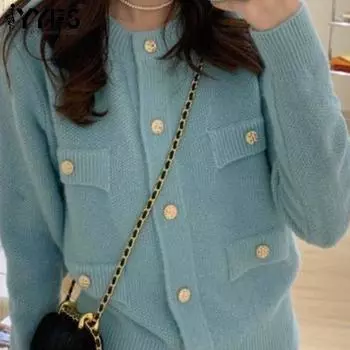 YYFS Женская мода Повседневный Осень Зима Однотонный Принт Длинный Рукав О-Образным Вырезом Свитера Size: One Size светло-синий