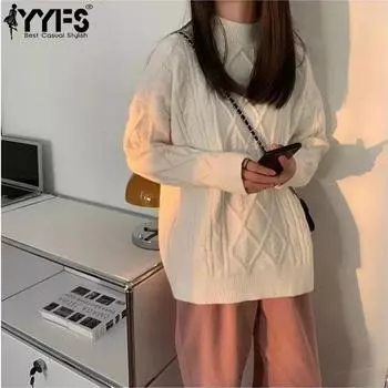 YYFS Женская мода Повседневный Осень Зима Однотонный Принт Длинный Рукав О-Образным Вырезом Свитера One size синий
