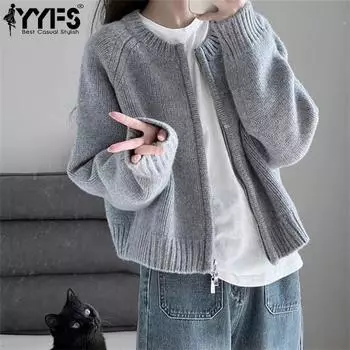 YYFS Женская мода Повседневный Осень Зима Однотонный Принт Длинный Рукав О-Образным Вырезом Свитера Size: One Size серый