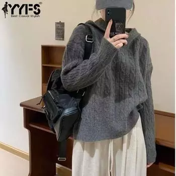 YYFS Женская мода Повседневный Осень Зима Однотонный Принт Длинный Рукав С Капюшоном Свитеры Size: One Size серый