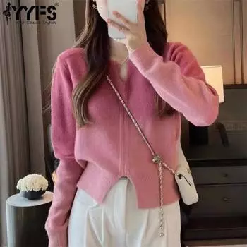YYFS Женская мода Повседневный Осень Зима Однотонный Принт Длинный Рукав О-Образным Вырезом Свитера Size: One Size розовый